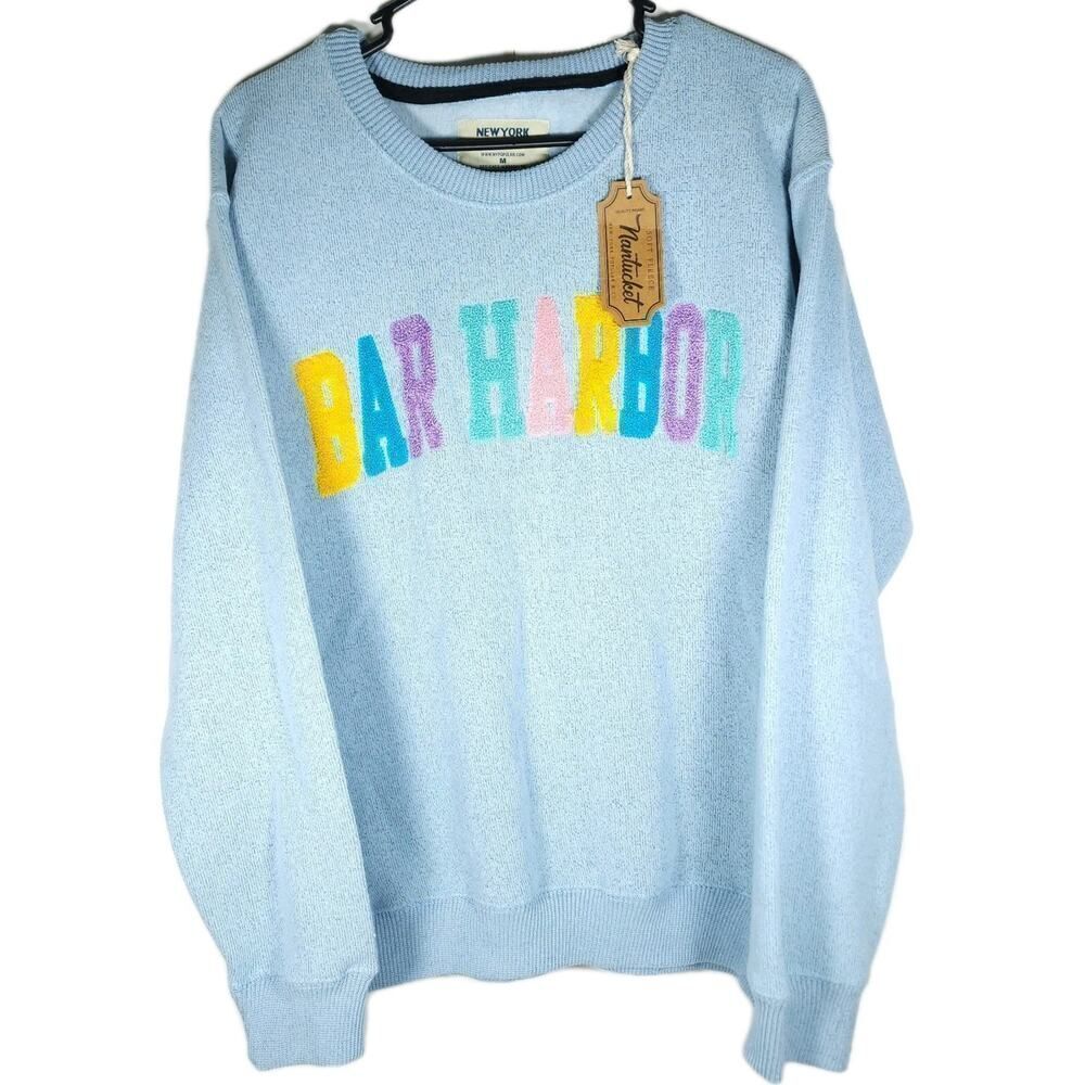 New York Popular Womens M Blue Bar Harbor Embroidery Crewneck Fleece Sweatshirt